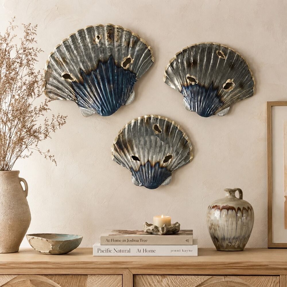 Set of 3 Metal Scallop Seashell Wall Decor 3D Coastal Silver Bronze Gold